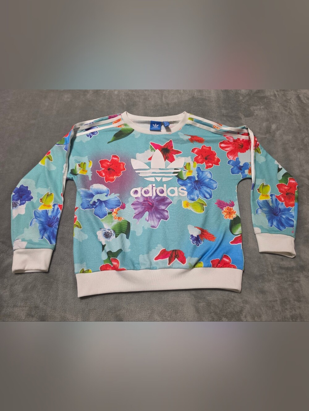 Adidas Originals Blue Tropical Floral Trefoil 3-Stripe Sweatshirt Size S 9-10